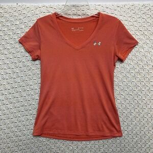 Under Armour Top ‎ Tee Shirt Womens XS Orange HeatGear V Neck Loose Short Sleeve